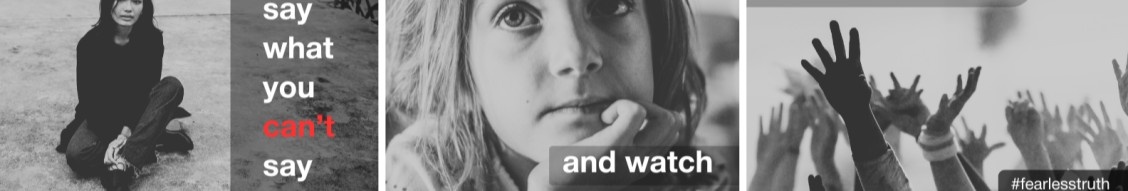 in-House campaign collage featuring people, raised hands, and a message about speaking freely