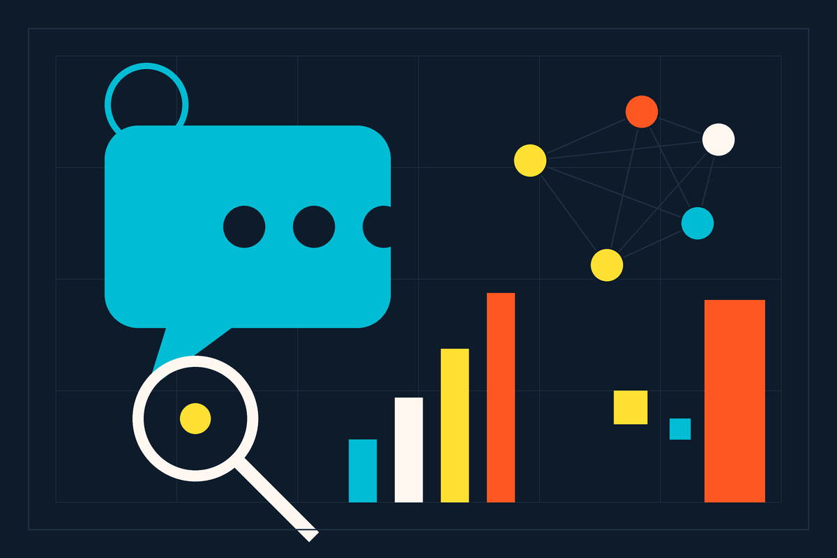 Swiss-style graphic of a speech bubble, knowledge-graph nodes, a magnifier and ascending bars