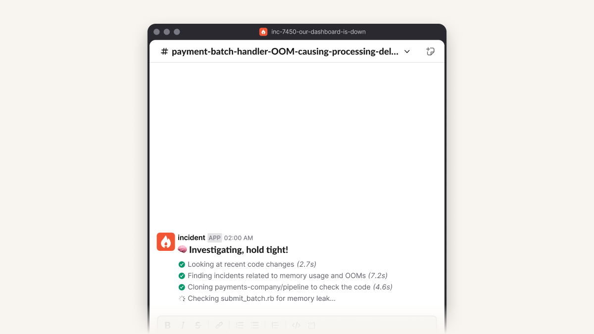 incident.io Investigations examining a payment batch handler inside an incident channel
