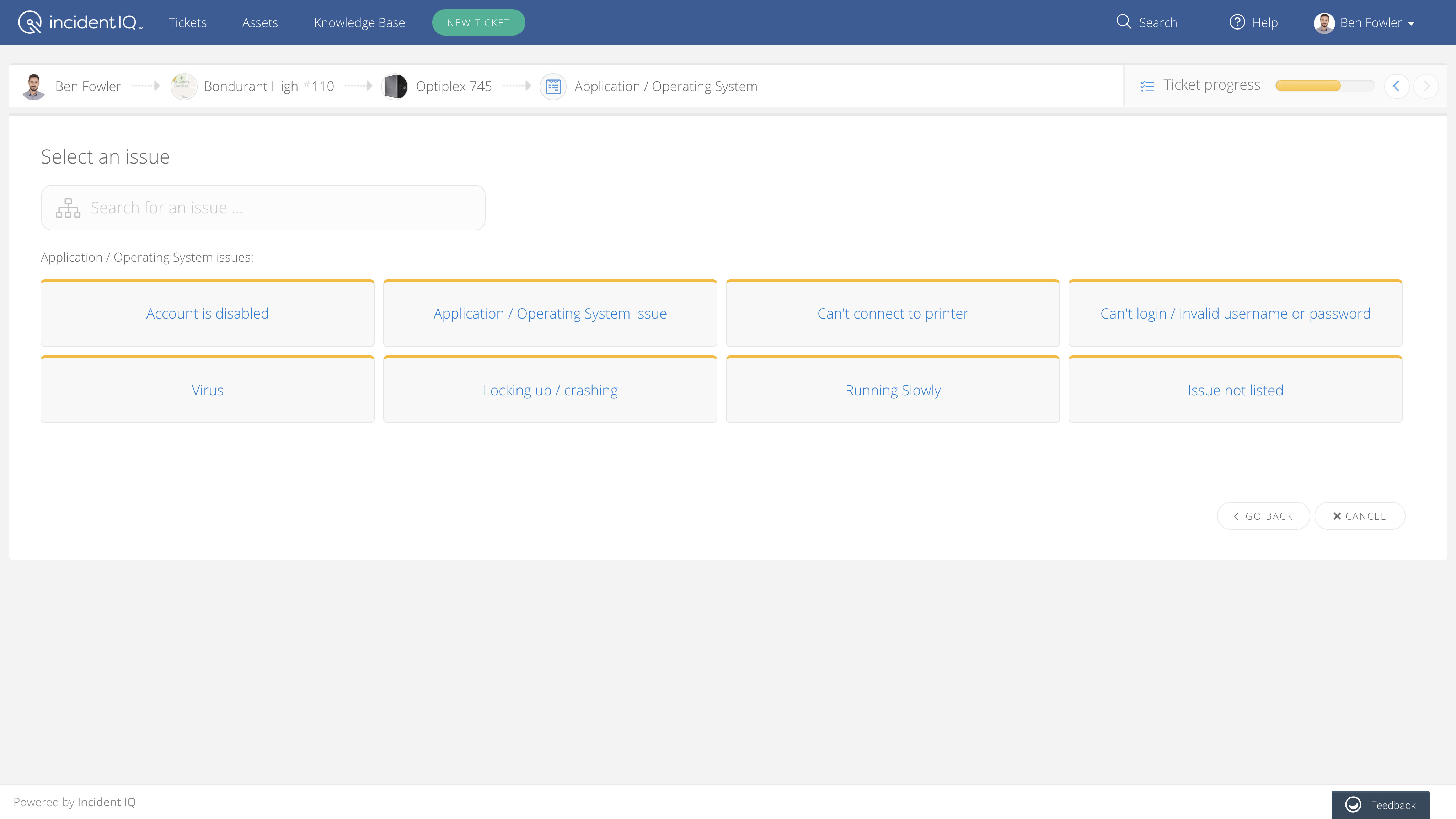 Incident IQ ticket wizard showing common issue categories