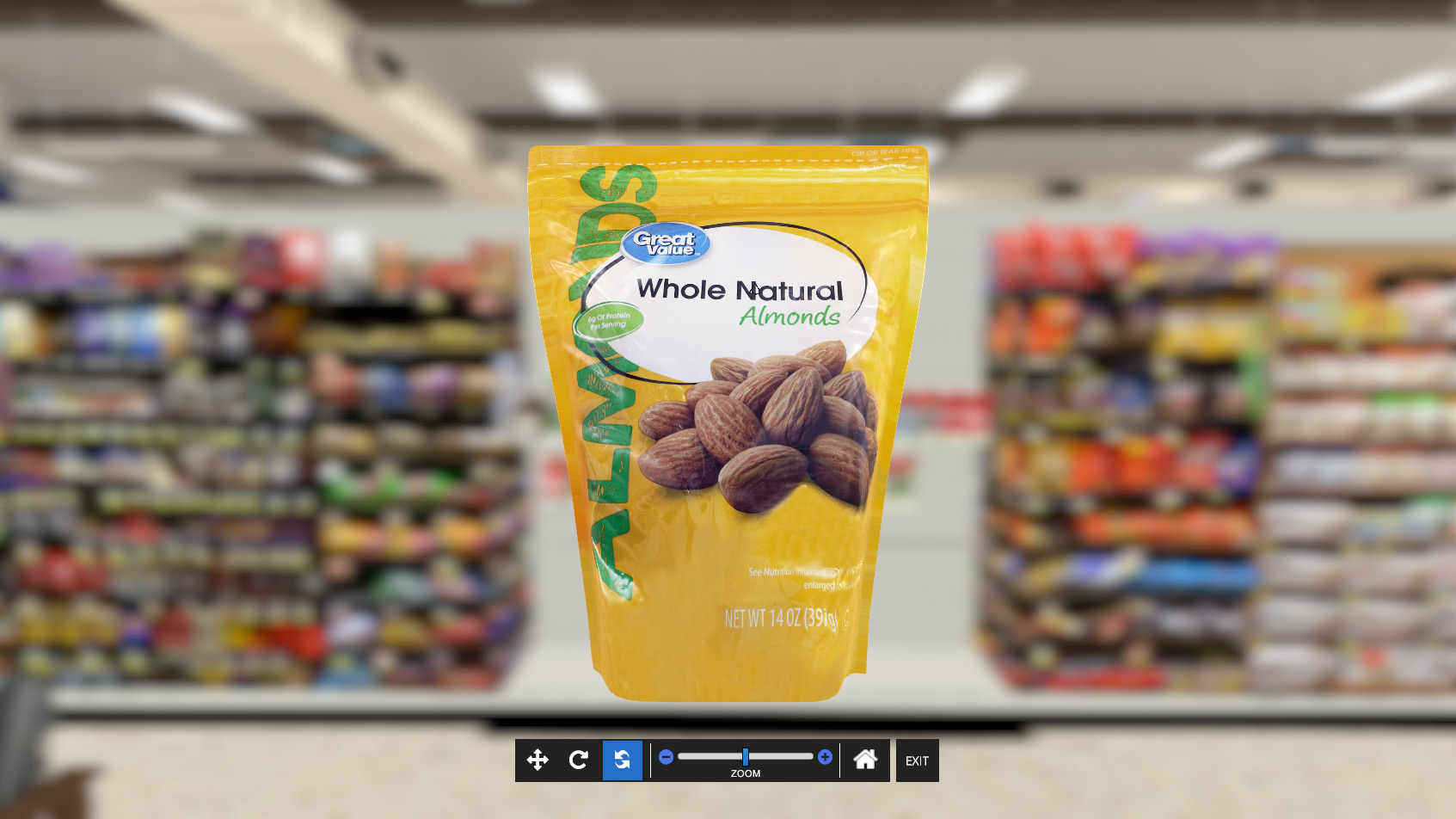 ShopperMX virtual store scene showing a three-dimensional almond package in front of a simulated retail aisle