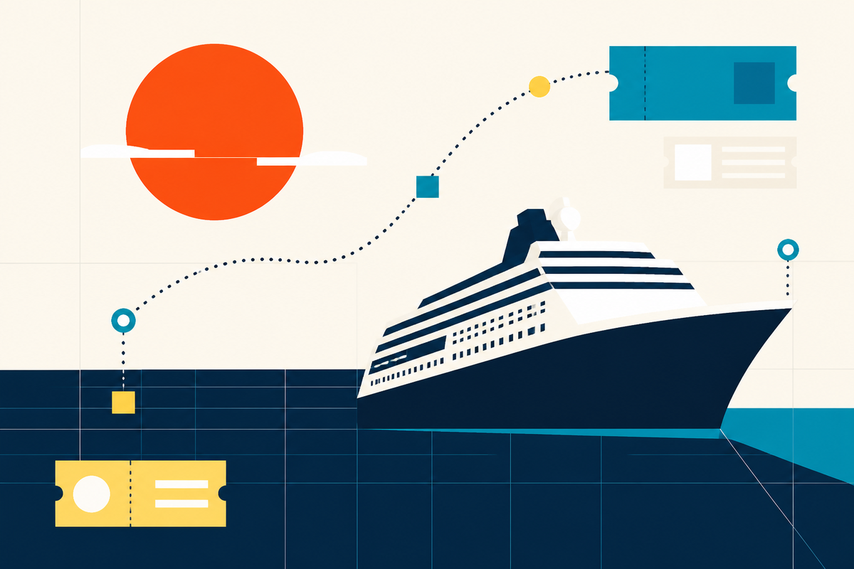 Minimal geometric illustration of a cruise ship following a dotted global travel route