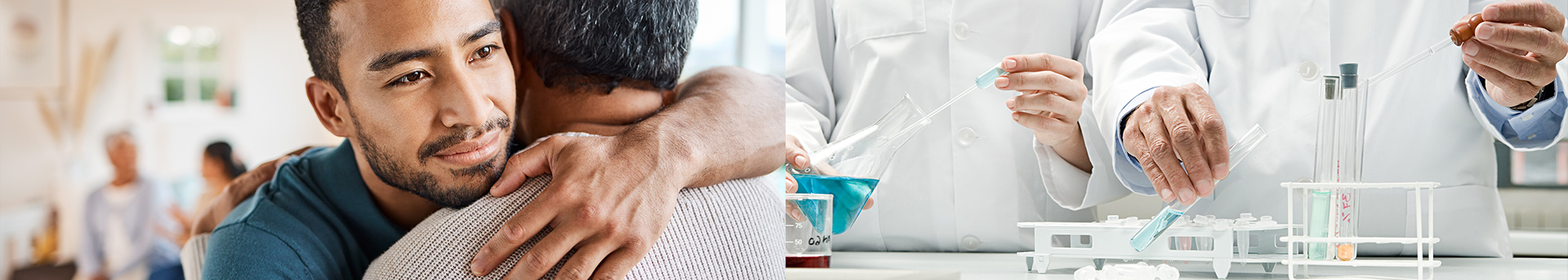 A person embracing a patient beside scientists working at a laboratory bench