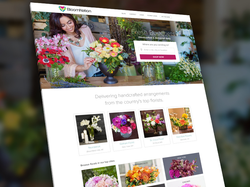 Alon Blum’s BloomNation homepage mockup, featuring florist photography and a delivery-location form