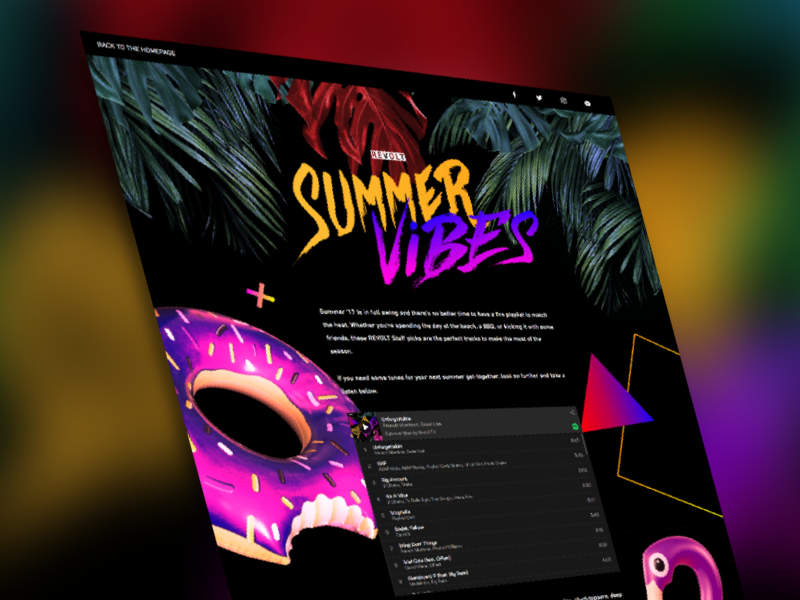 Summer Vibes music-playlist landing-page mockup with tropical leaves, colorful typography and a music player