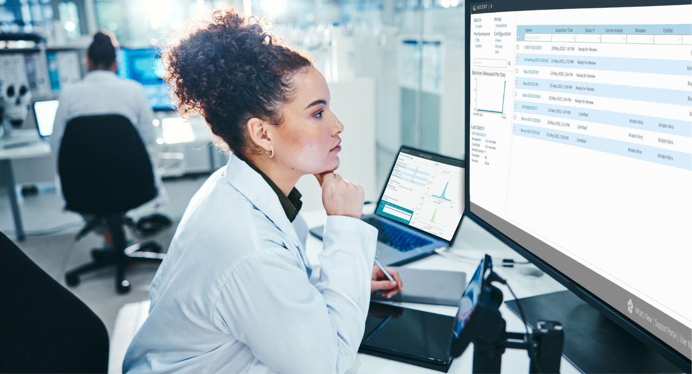 Scientist viewing the ASCENT 4 batch dashboard and chromatogram interface