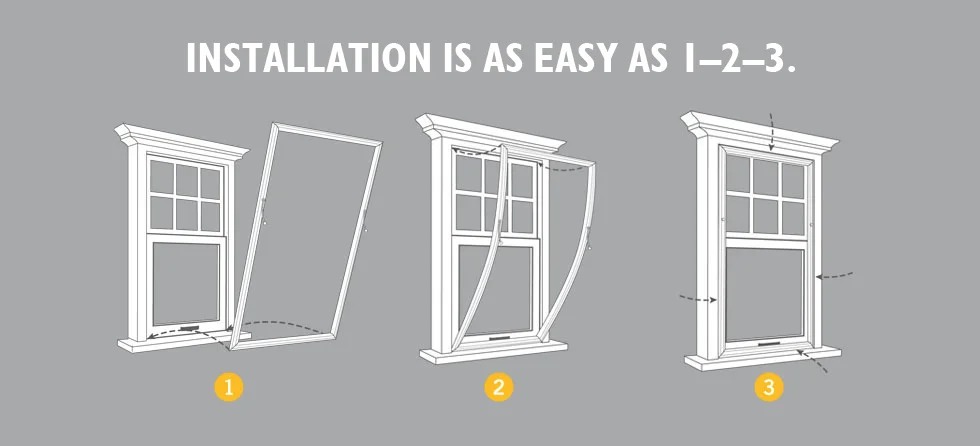 Three illustrated steps show an Indow insert being pressed into a window frame