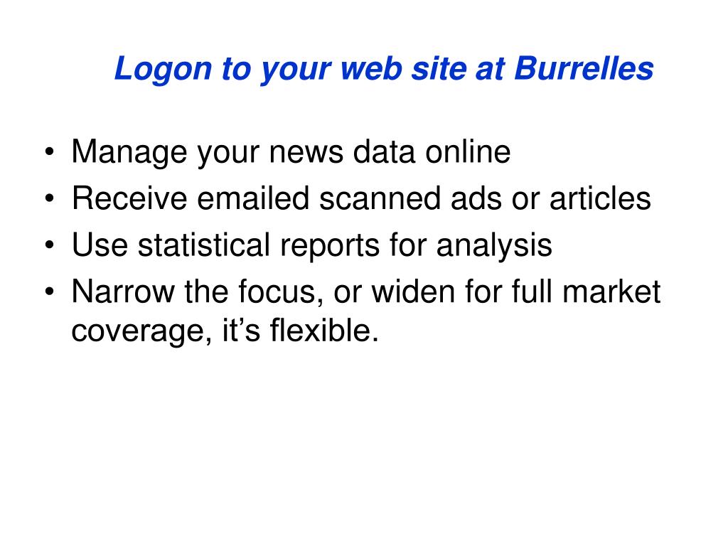 An archival Burrelles presentation slide showing its web portal and press clipping service