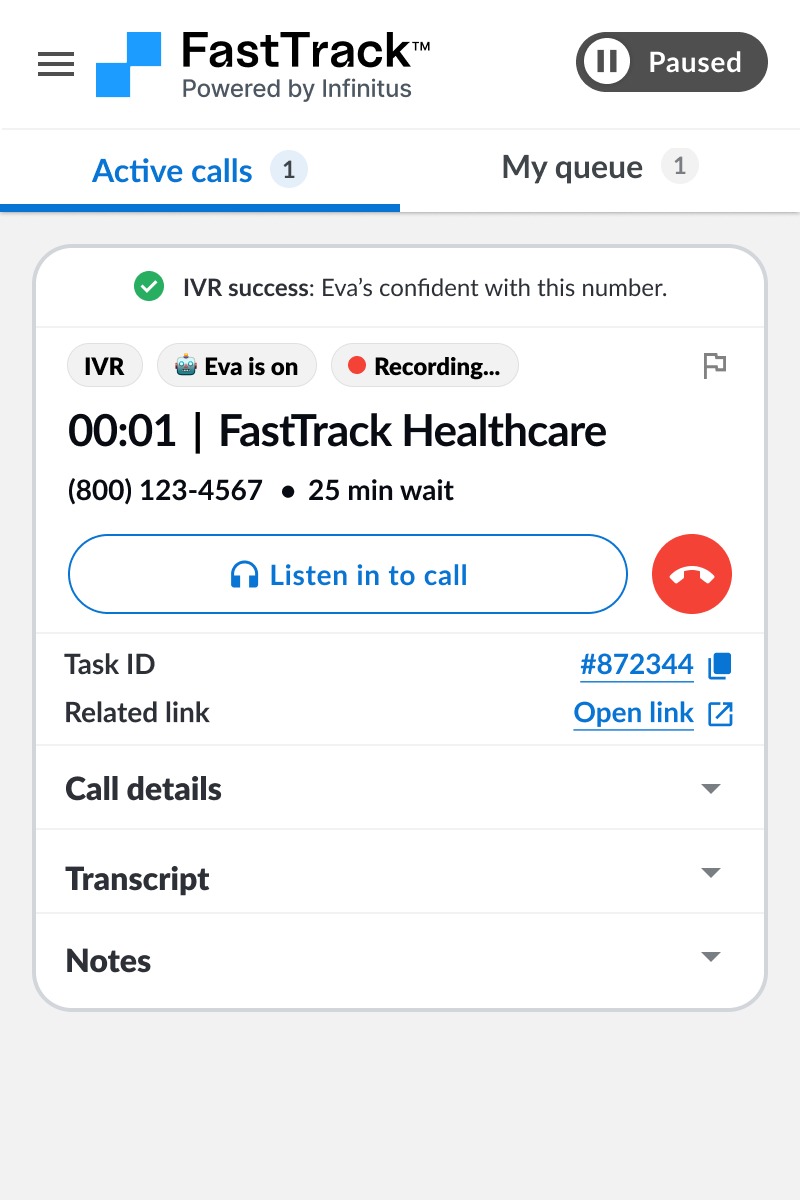 FastTrack interface showing Eva navigating an active healthcare call
