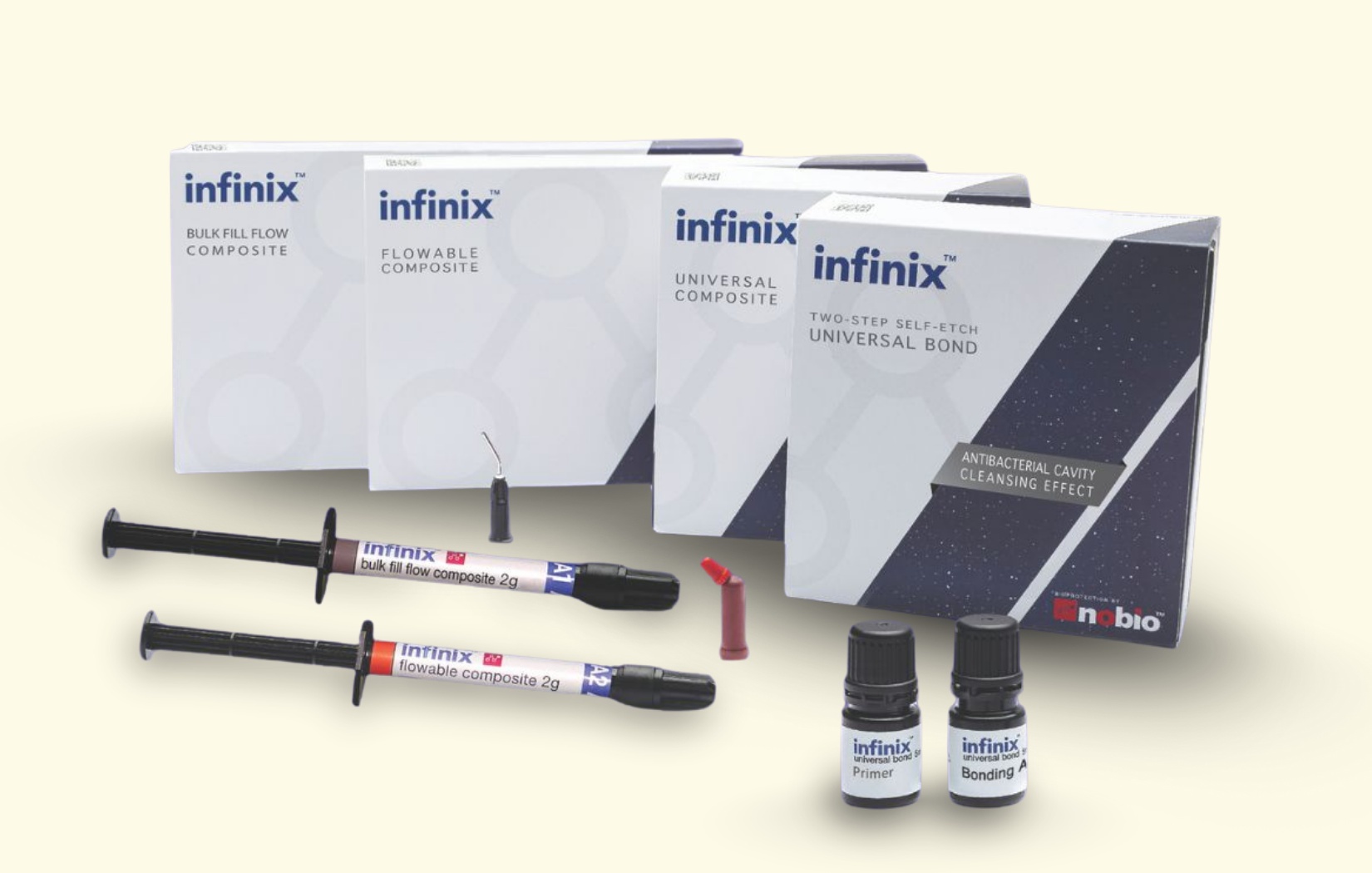 Infinix composite syringes, product boxes, primer and bonding bottles