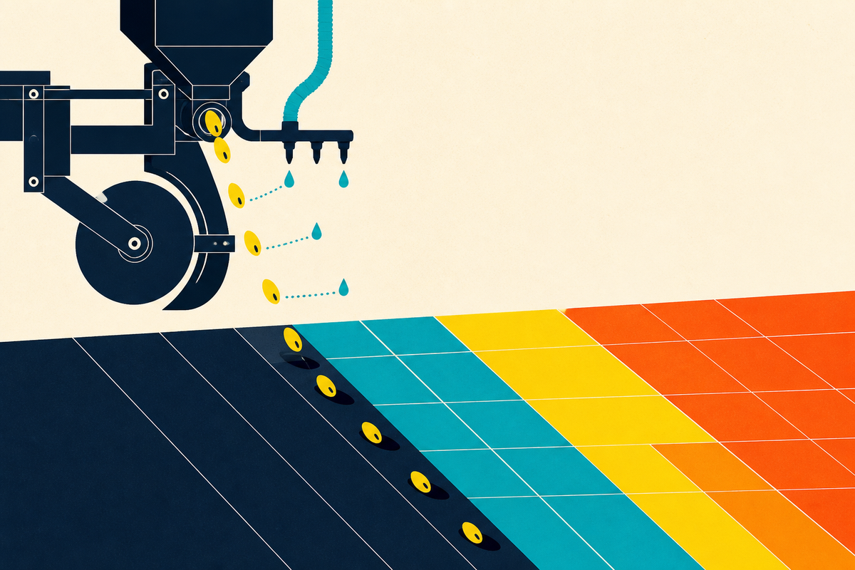 Abstract Swiss-style illustration of a planter applying droplets to individual seeds over colored field zones