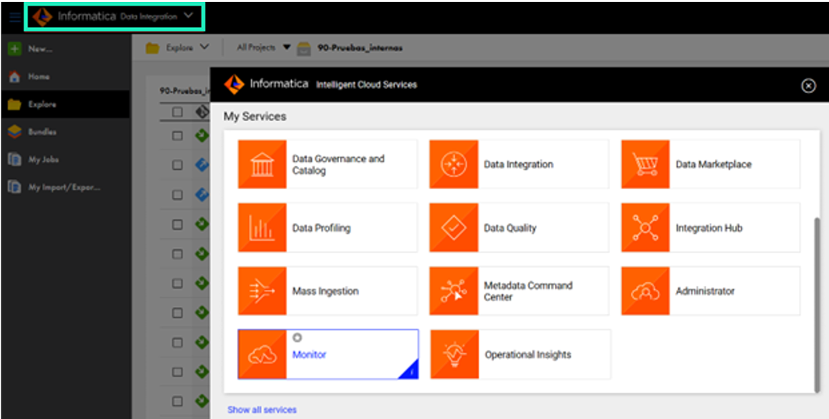 Informatica Intelligent Cloud Services dashboard showing data integration, governance, quality and marketplace modules