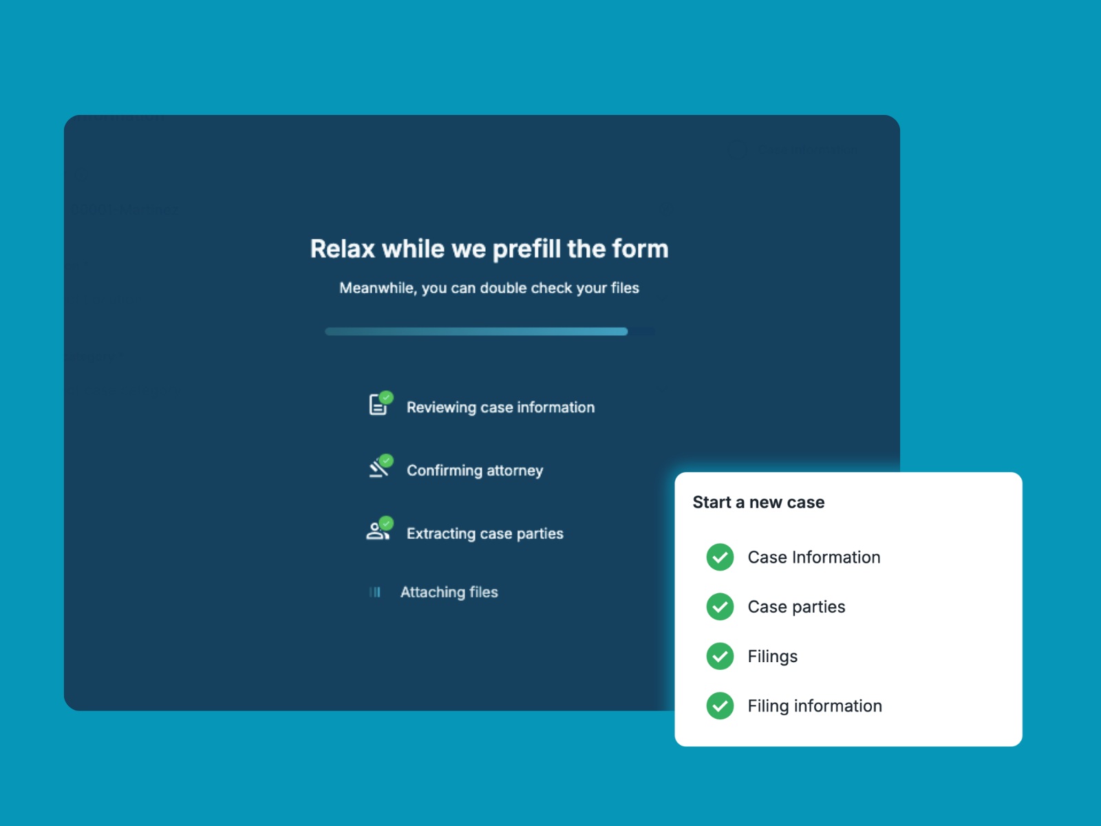 InfoTrack Intelligence product illustration showing automatic review of case information and extraction of case parties