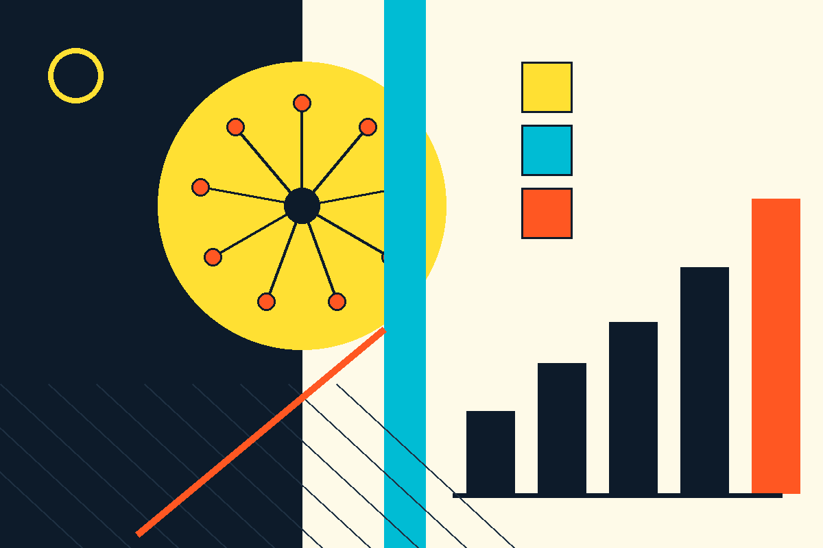 Swiss-style abstract graphic: a network of member nodes radiating from a central hub, with rising bars and product tiers