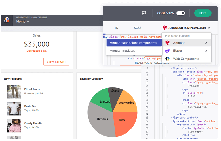 App Builder inventory-management interface beside its generated code preview