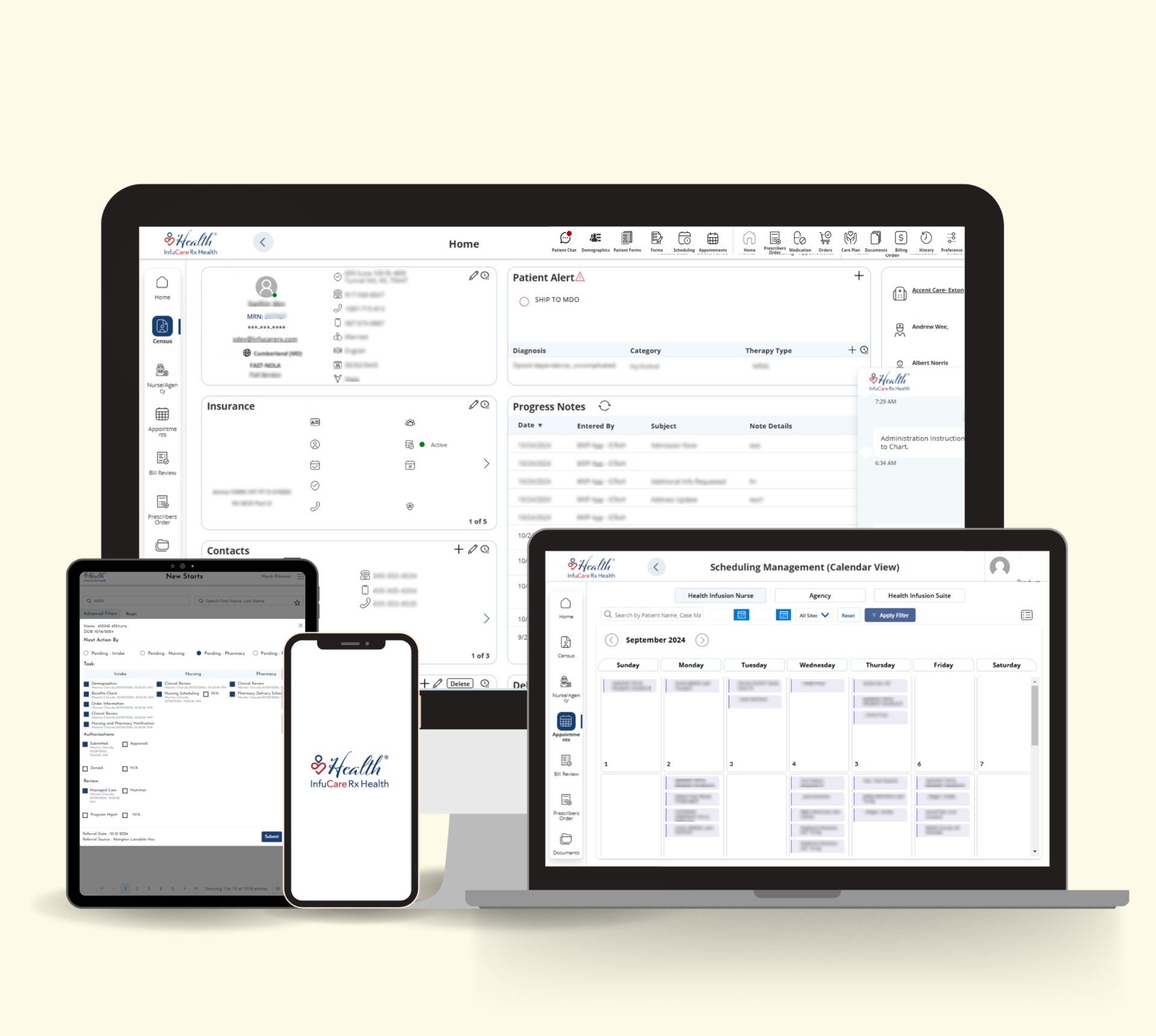 Official InfuCare Rx Health product illustration showing patient management and scheduling screens across desktop, tablet, and mobile devices