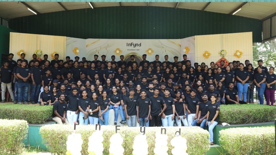 InFynd employees gathered outdoors for the company’s fourth-anniversary team photograph