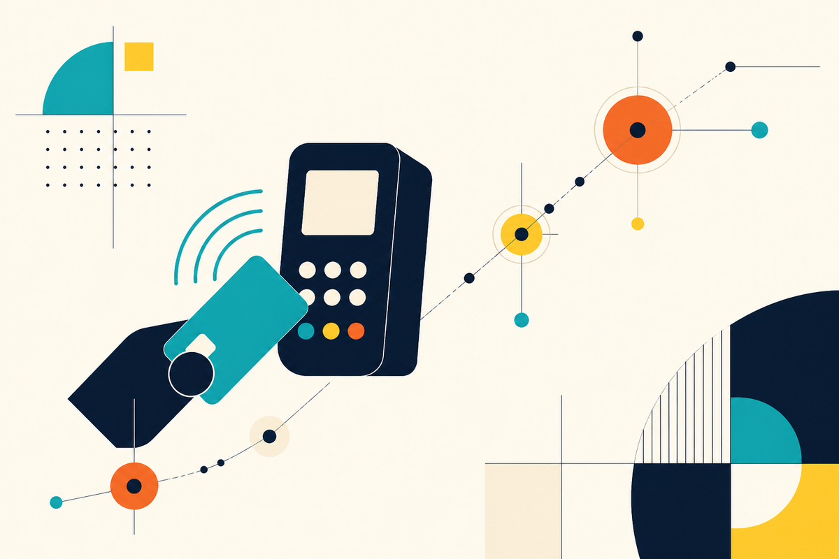 Abstract Swiss-style composition of a payment terminal, contactless card and connected transaction nodes