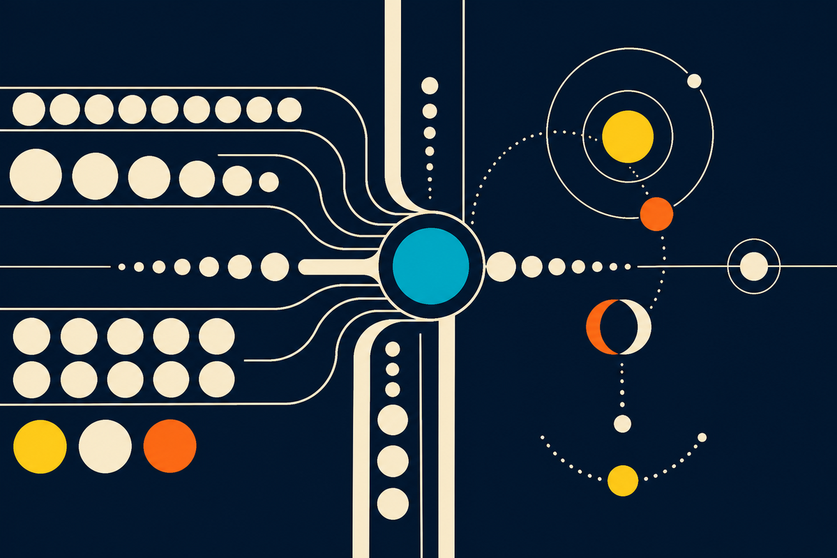Geometric illustration of many channels and orbits converging on one central platform