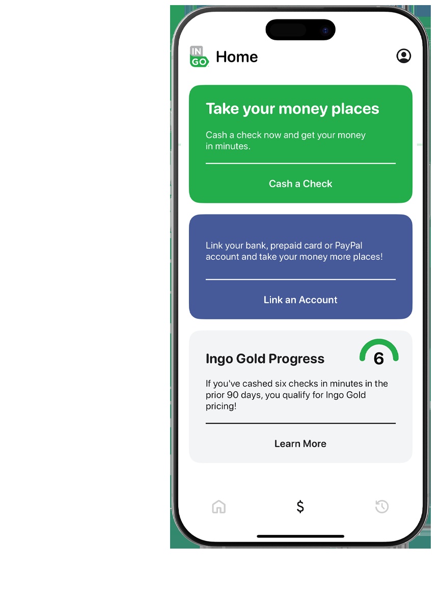 Official Ingo Money app screen with Cash a Check and Link an Account options