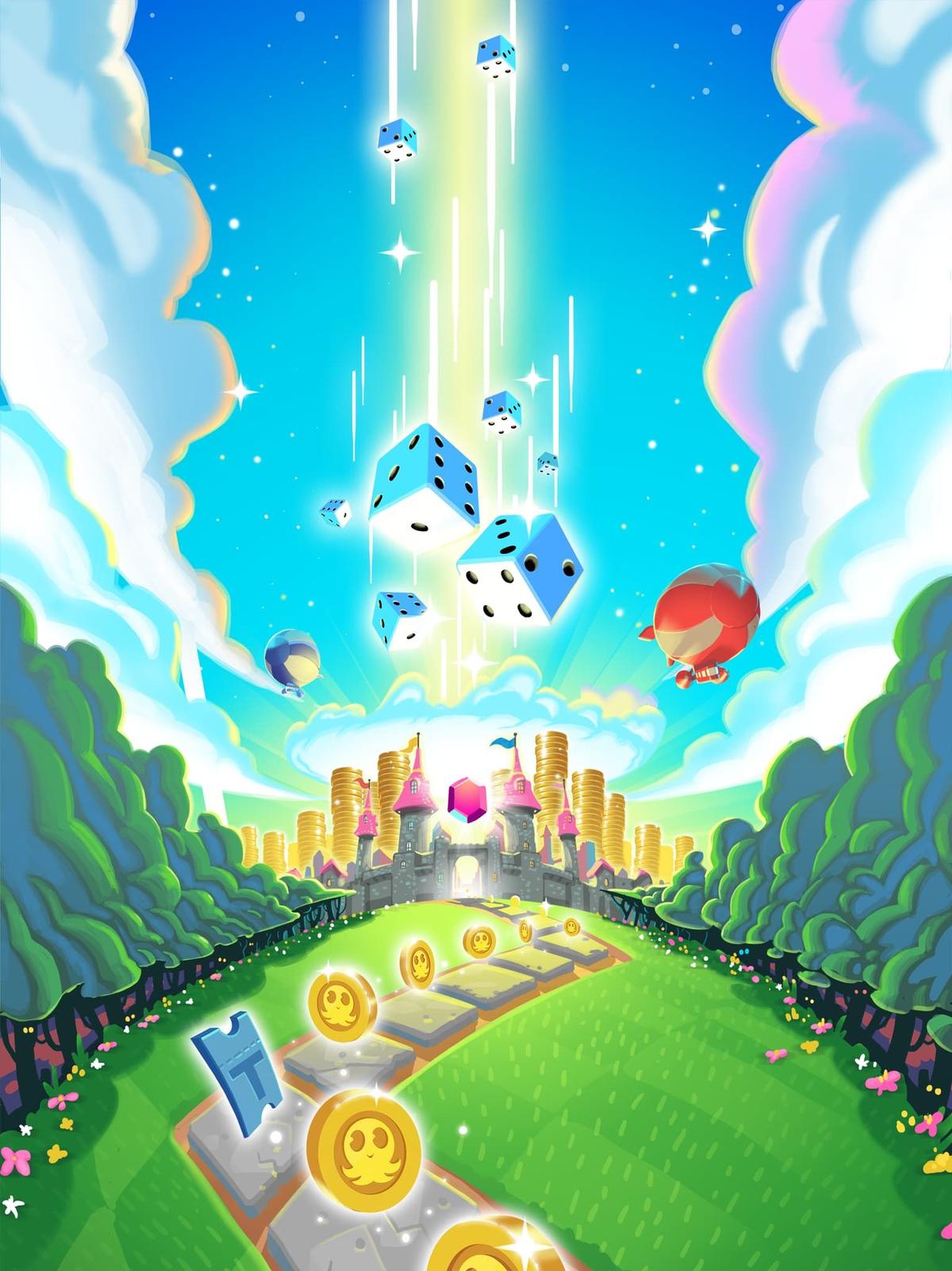 Prize Kingdoms artwork showing floating dice above a castle and a path of gold coins