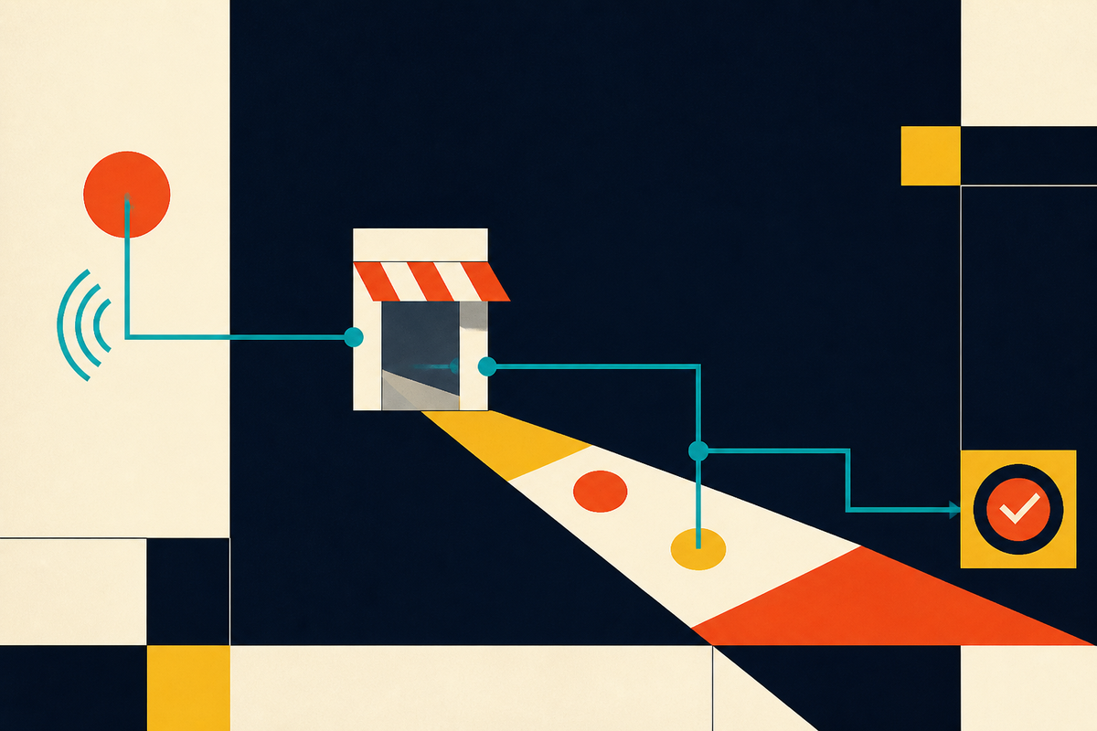 Abstract Swiss-style illustration of a signal traveling through a shop toward a verified outcome