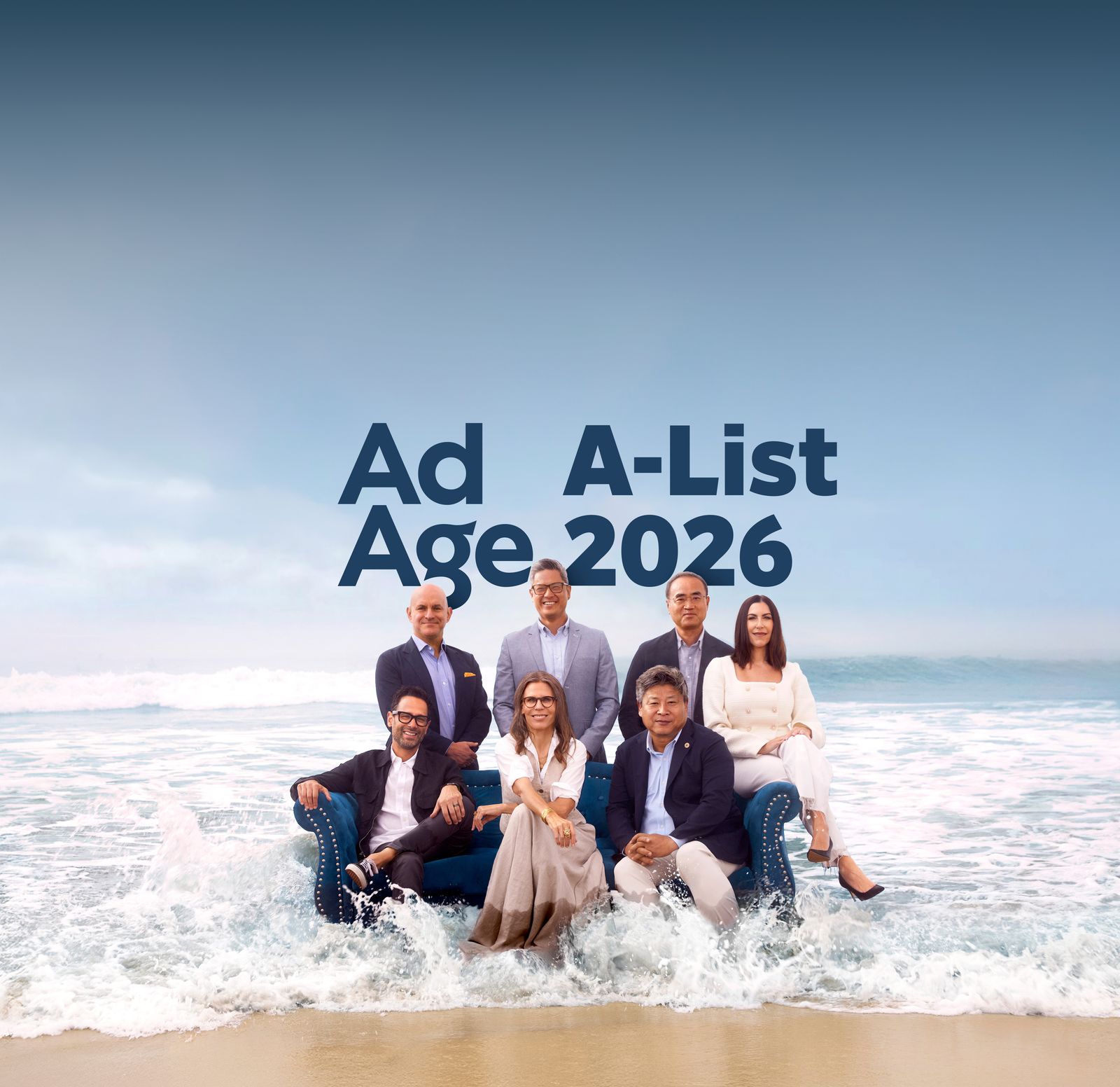 INNOCEAN USA leadership posed on a sofa at the beach for its 2026 Ad Age A-List recognition