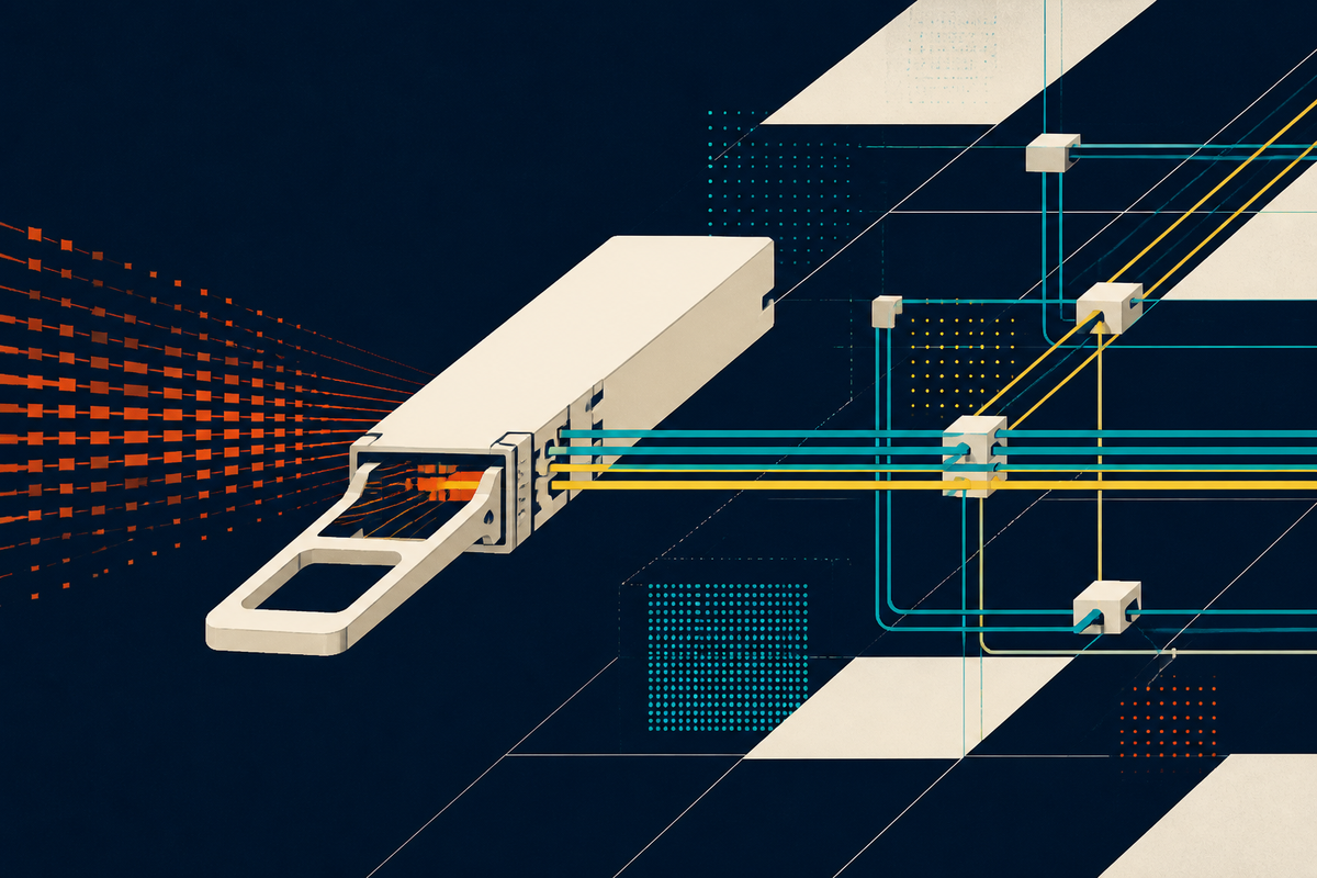 Abstract Swiss-style illustration of an optical transceiver turning orange electrical pulses into teal and yellow light paths