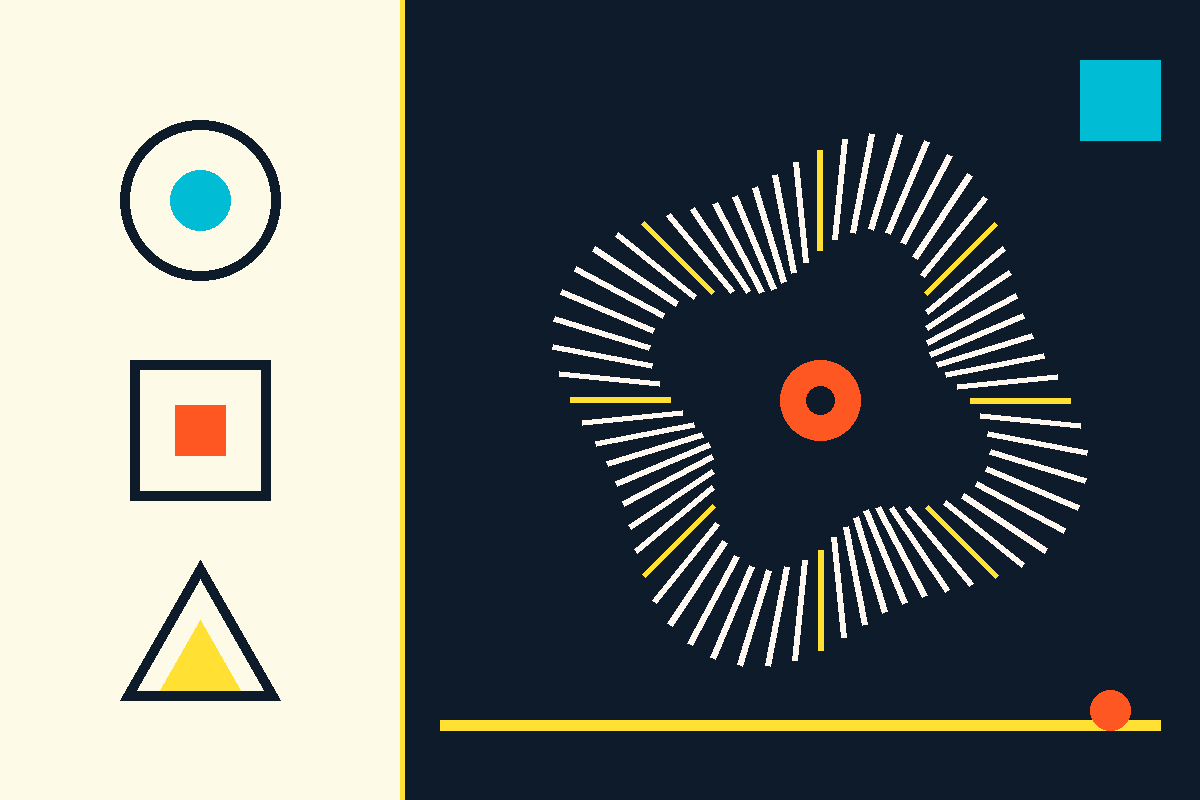 Swiss-style geometric graphic showing three shapes converging on a radiating circular mark