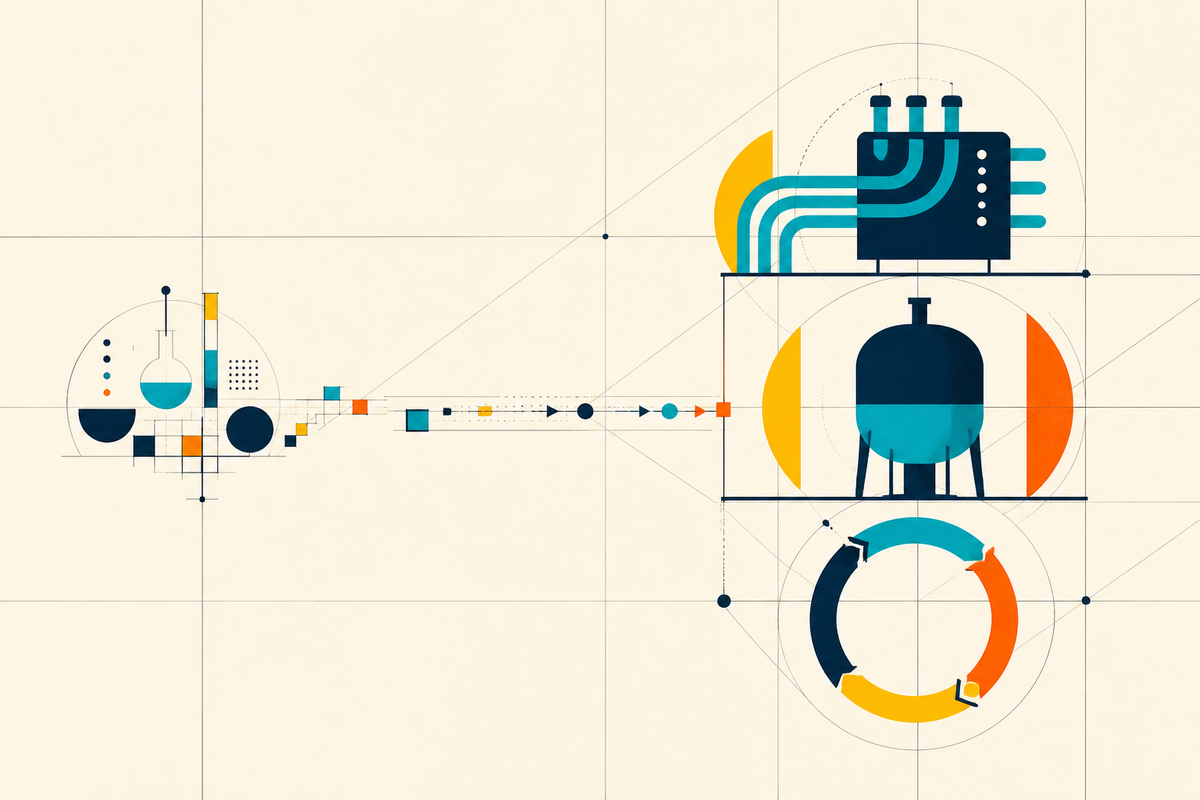 Abstract Swiss-style illustration showing a laboratory pathway becoming three industrial systems