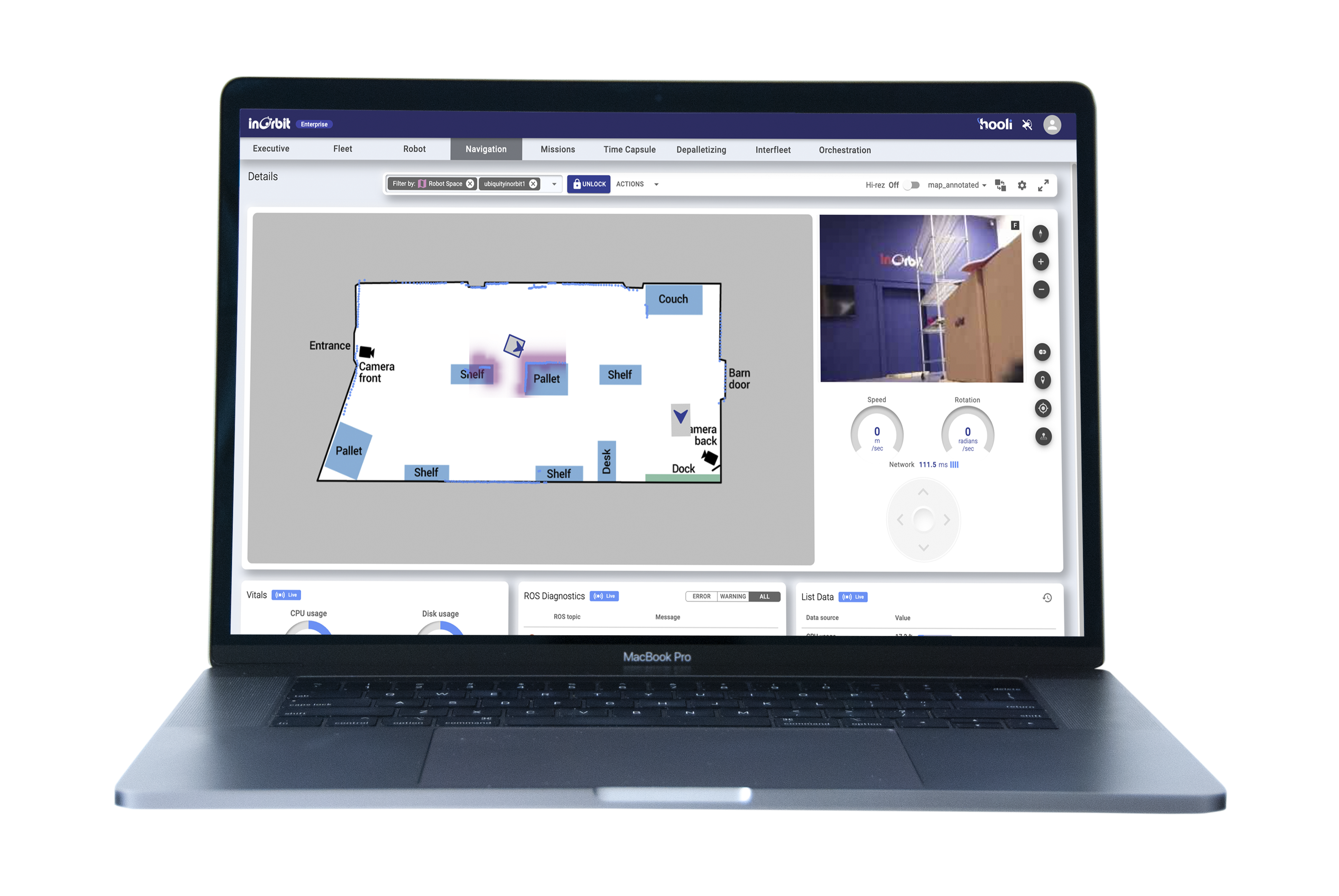 InOrbit interface on a laptop showing a facility map, camera view and robot diagnostics