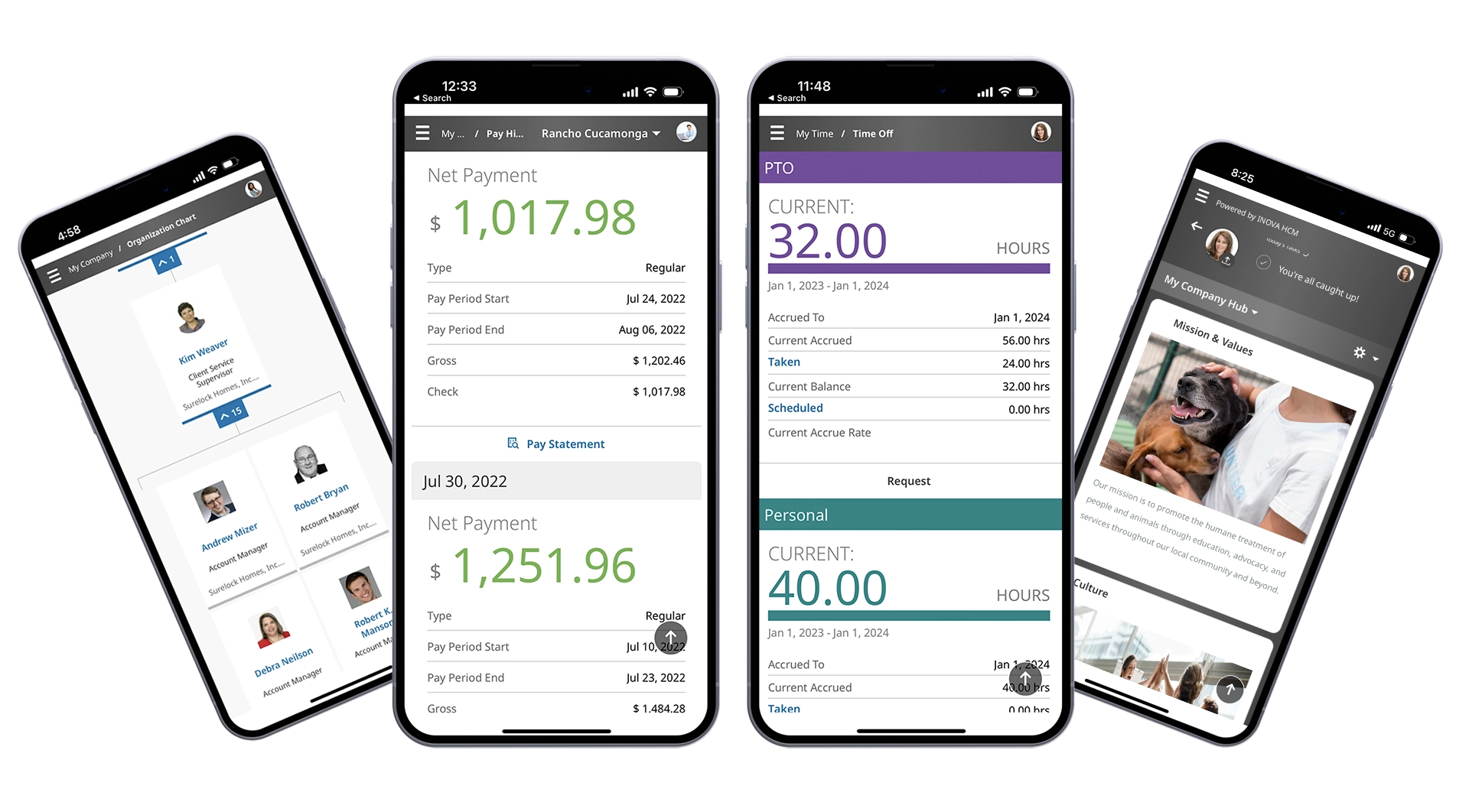 Inova mobile product mockups showing an organization chart, pay history, leave balances, and company information
