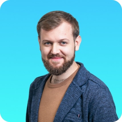 Inoxoft CEO Liubomyr Pohreliuk against a blue background