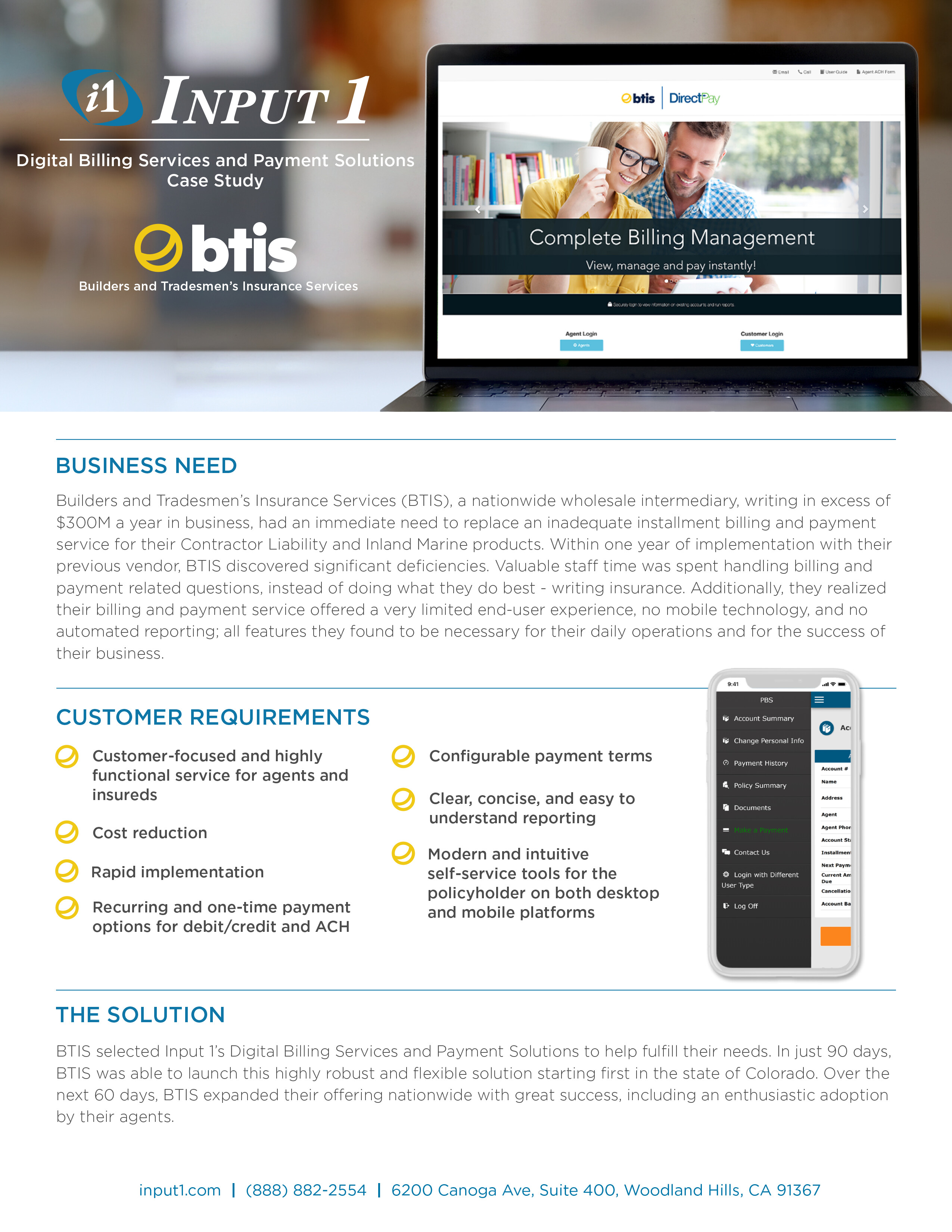 Input 1 case study showing the BTIS DirectPay billing portal on desktop and mobile