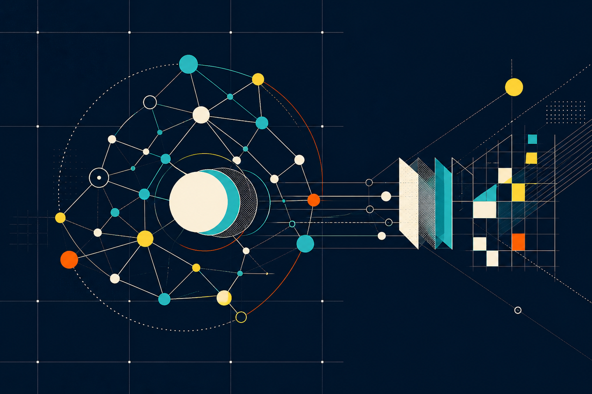Abstract geometric network flowing through privacy layers into a modular grid