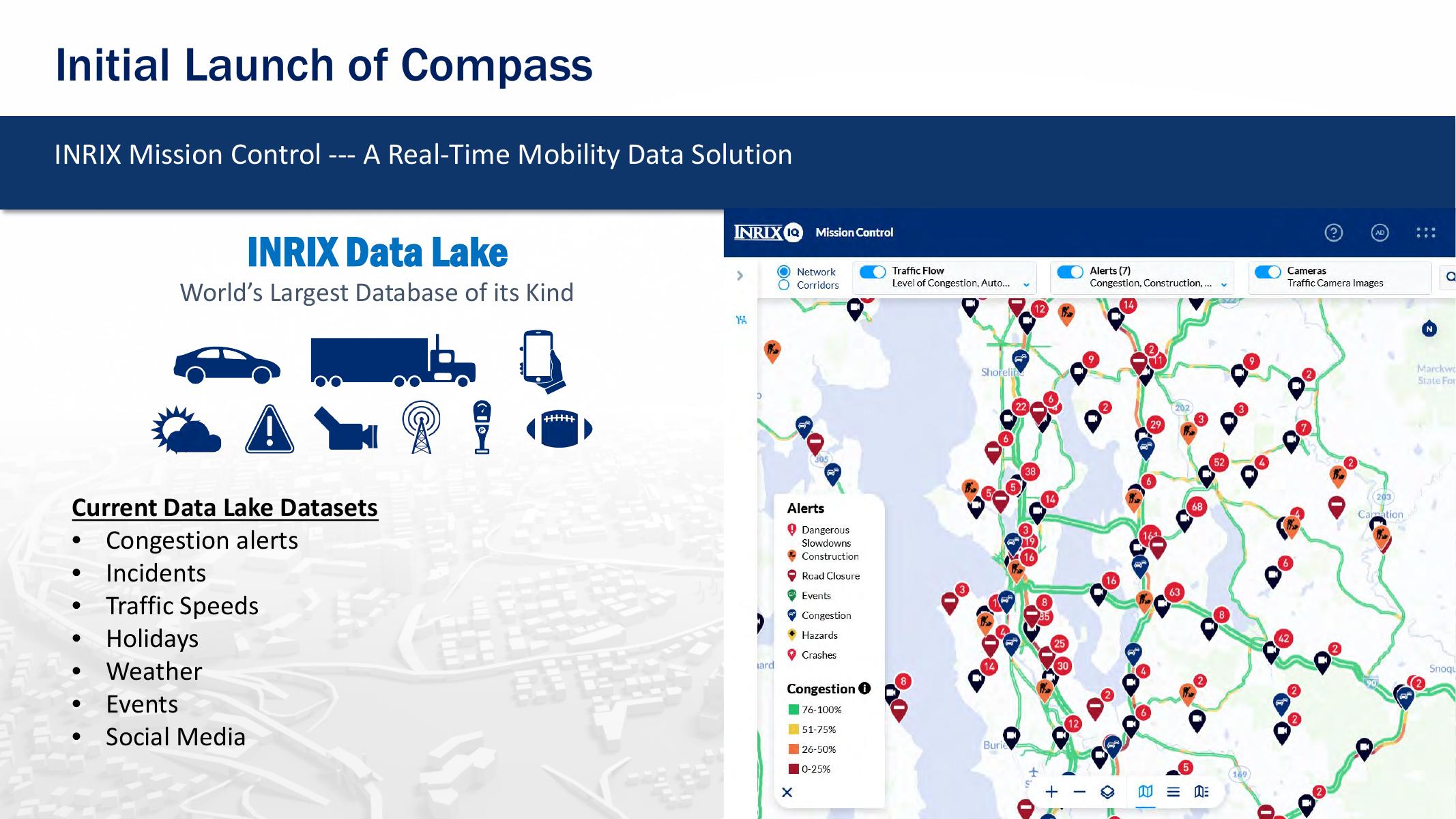 INRIX Mission Control interface showing traffic flow and alerts around Seattle
