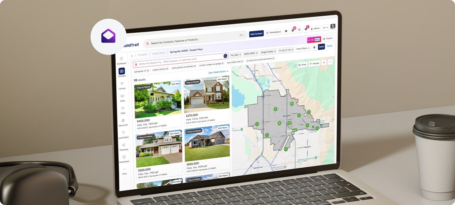 BoldTrail HomeSearch AI interface showing natural-language property filters, matching listings and a map