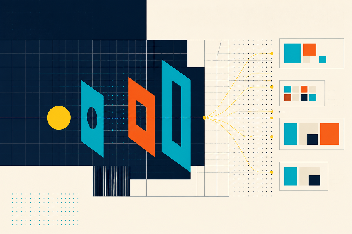 Abstract Swiss-style illustration of a yellow signal moving through geometric gates into a branching software network