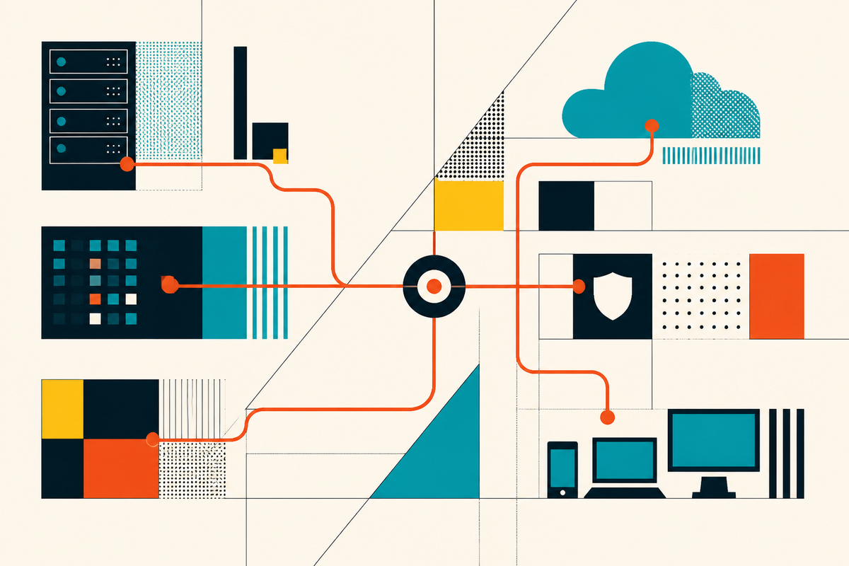 Abstract Swiss-style illustration of servers, cloud, security and workplace devices linked through a central integration node