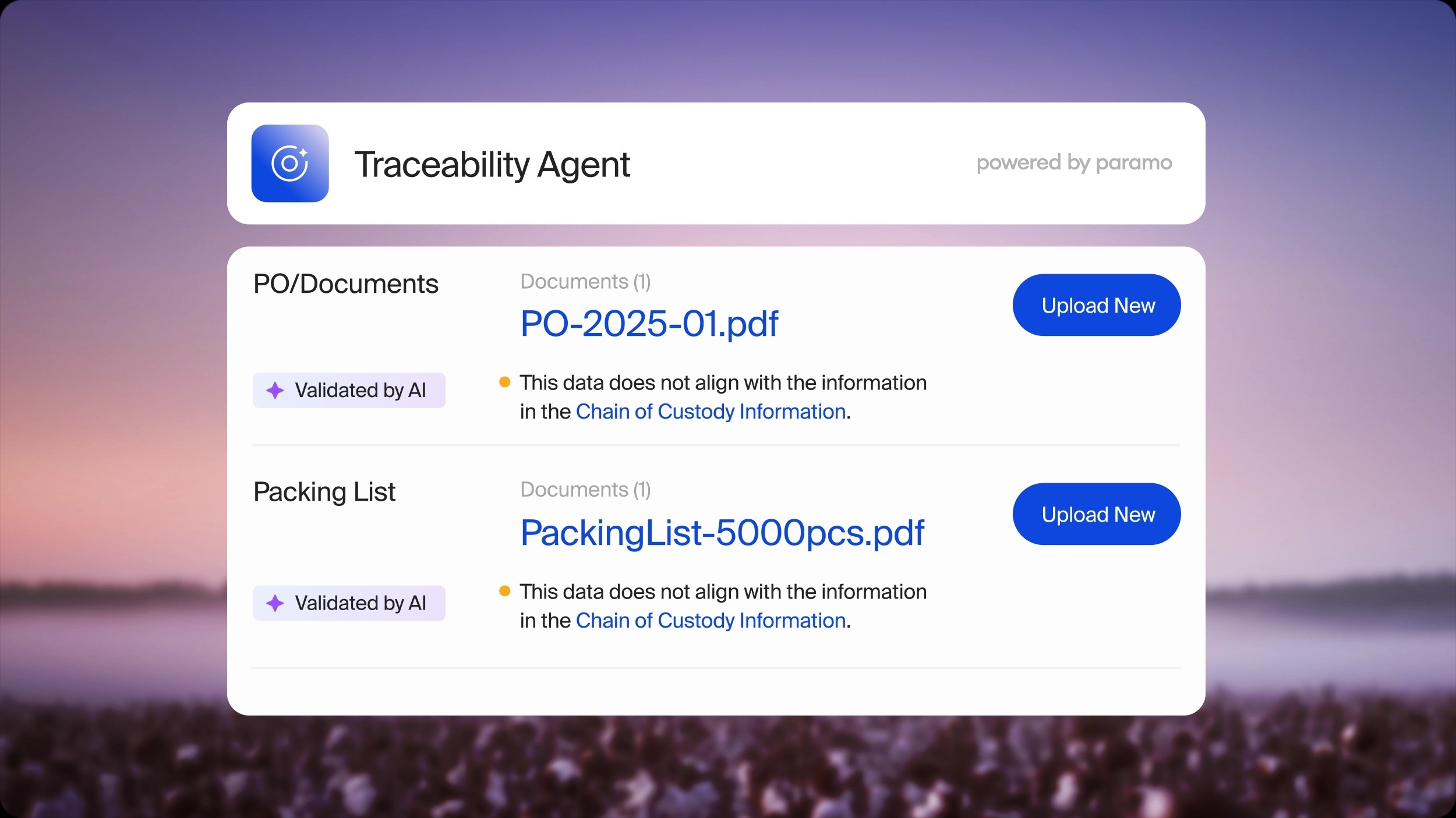 Inspectorio Paramo Traceability Agent illustration showing purchase-order and packing-list inconsistencies against chain-of-custody information