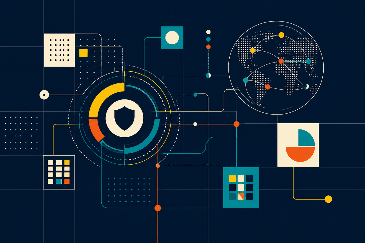 Abstract Swiss-style illustration of a security network connecting operational centers across a globe