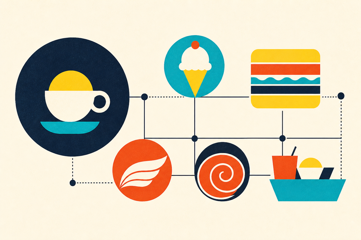 Abstract Swiss-style illustration connecting six restaurant categories through one geometric network