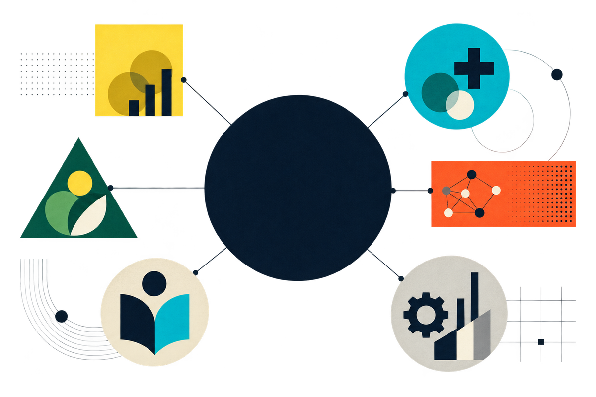 Abstract Swiss-style composition showing one capital pool connected to several technology sectors
