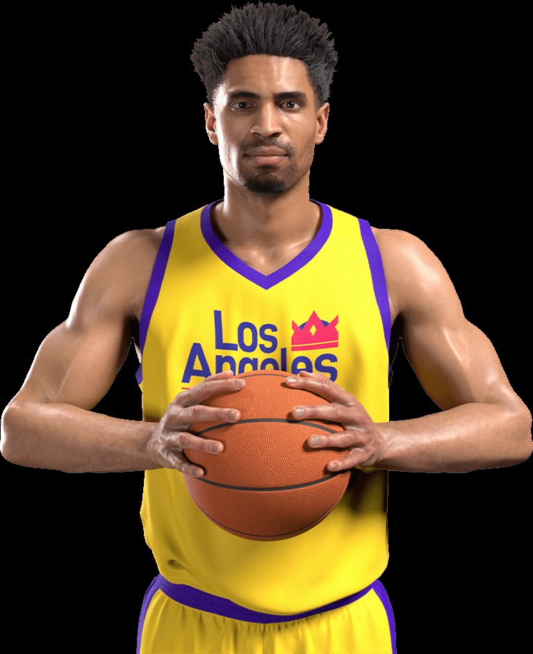 Official Inspired virtual basketball character render holding a ball in a yellow uniform