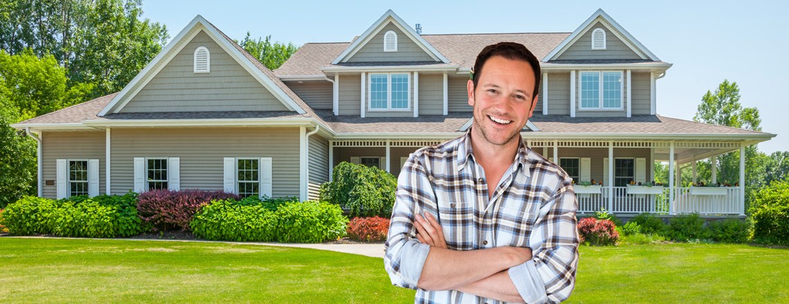 Promotional image of a man standing before a suburban home