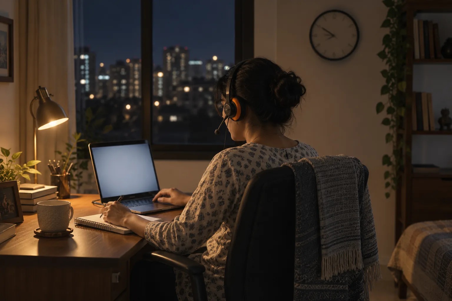 Illustrative image of a remote worker using a headset and laptop at home
