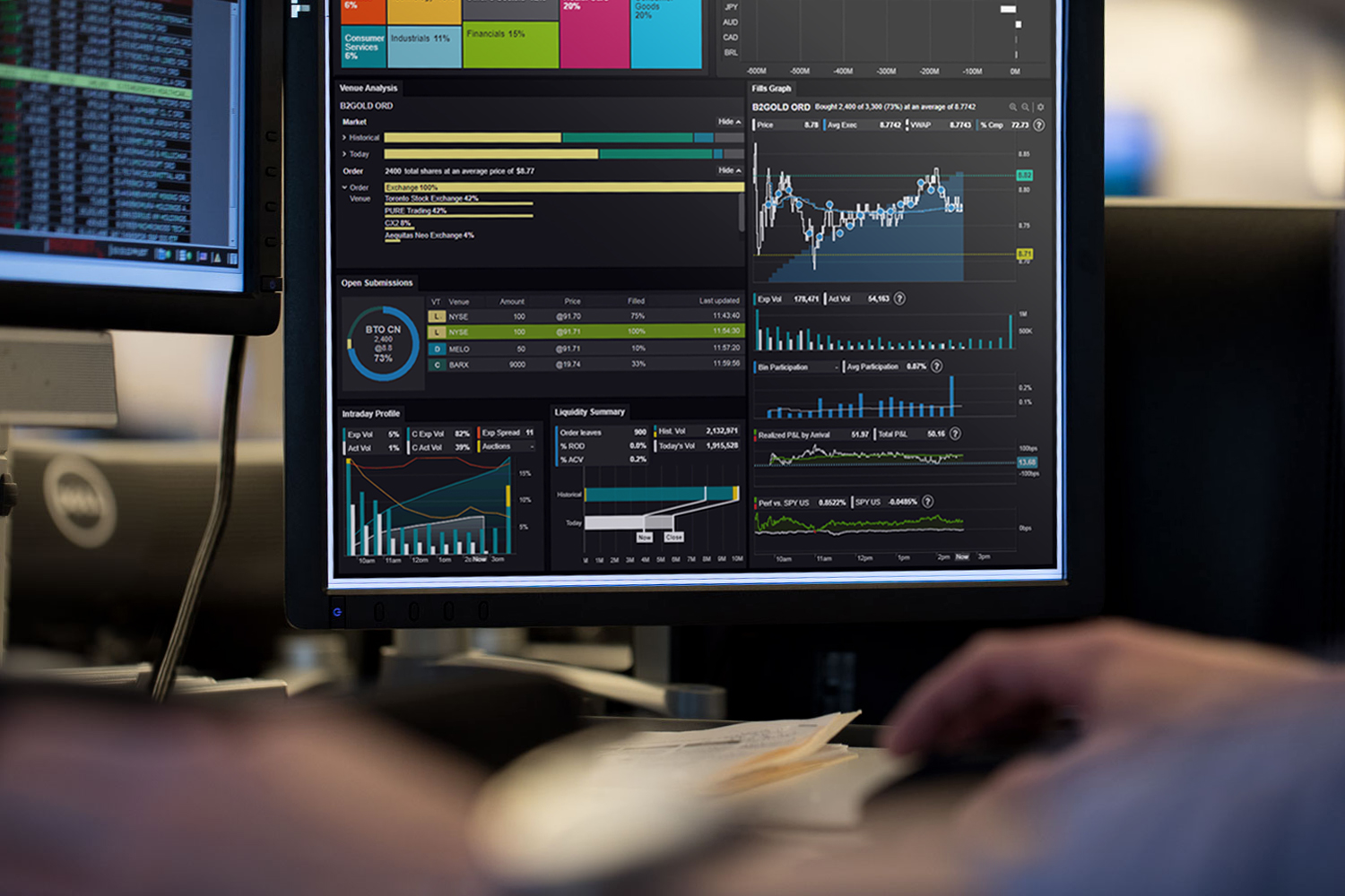Charts and trading data on monitors, pictured on Instinet’s Newport product page