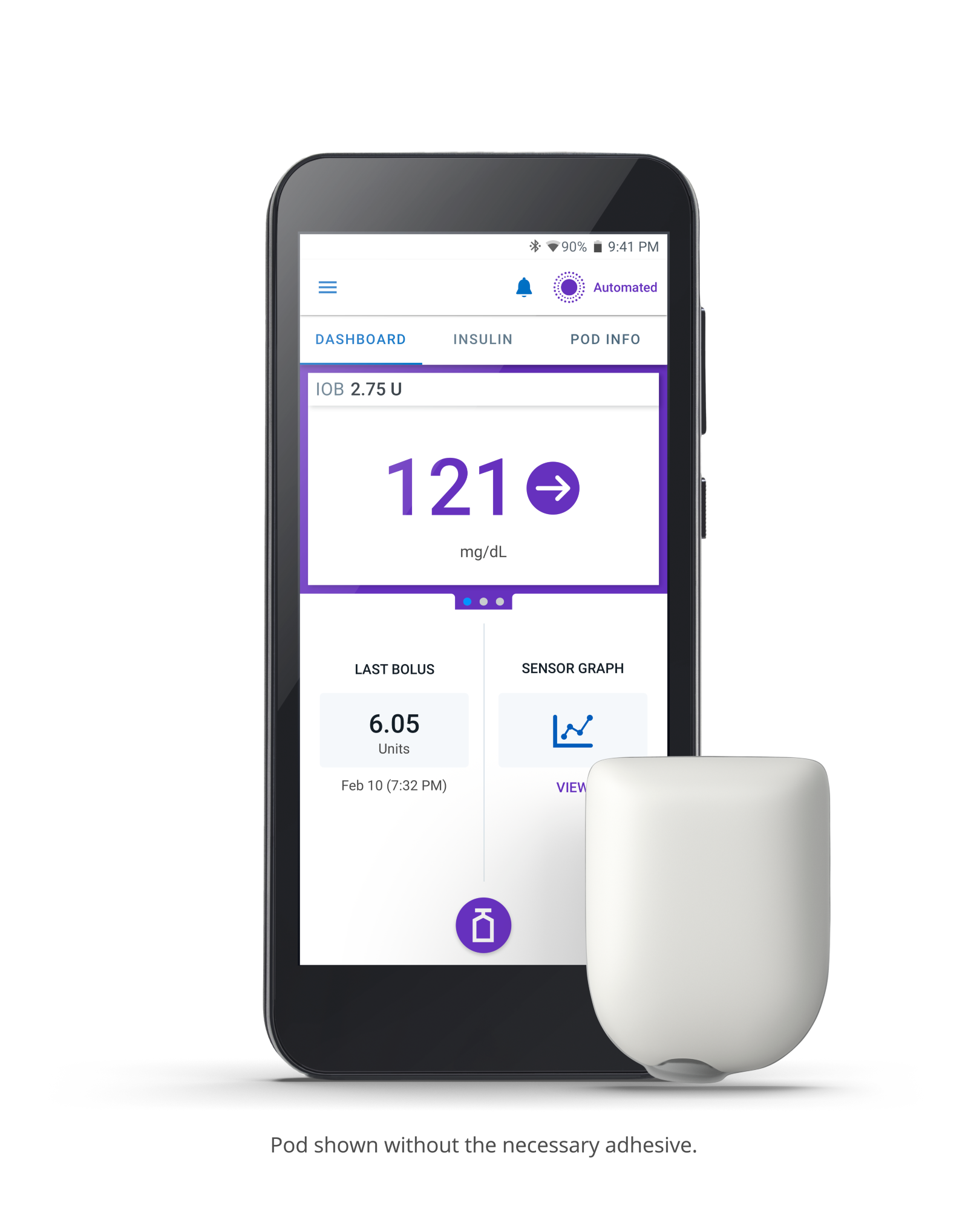 Omnipod 5 controller beside its disposable Pod; Pod shown without necessary adhesive