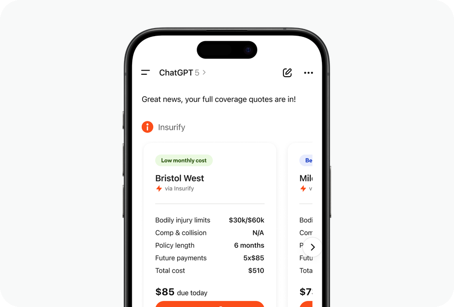 Insurify demonstration of insurance quote options inside ChatGPT