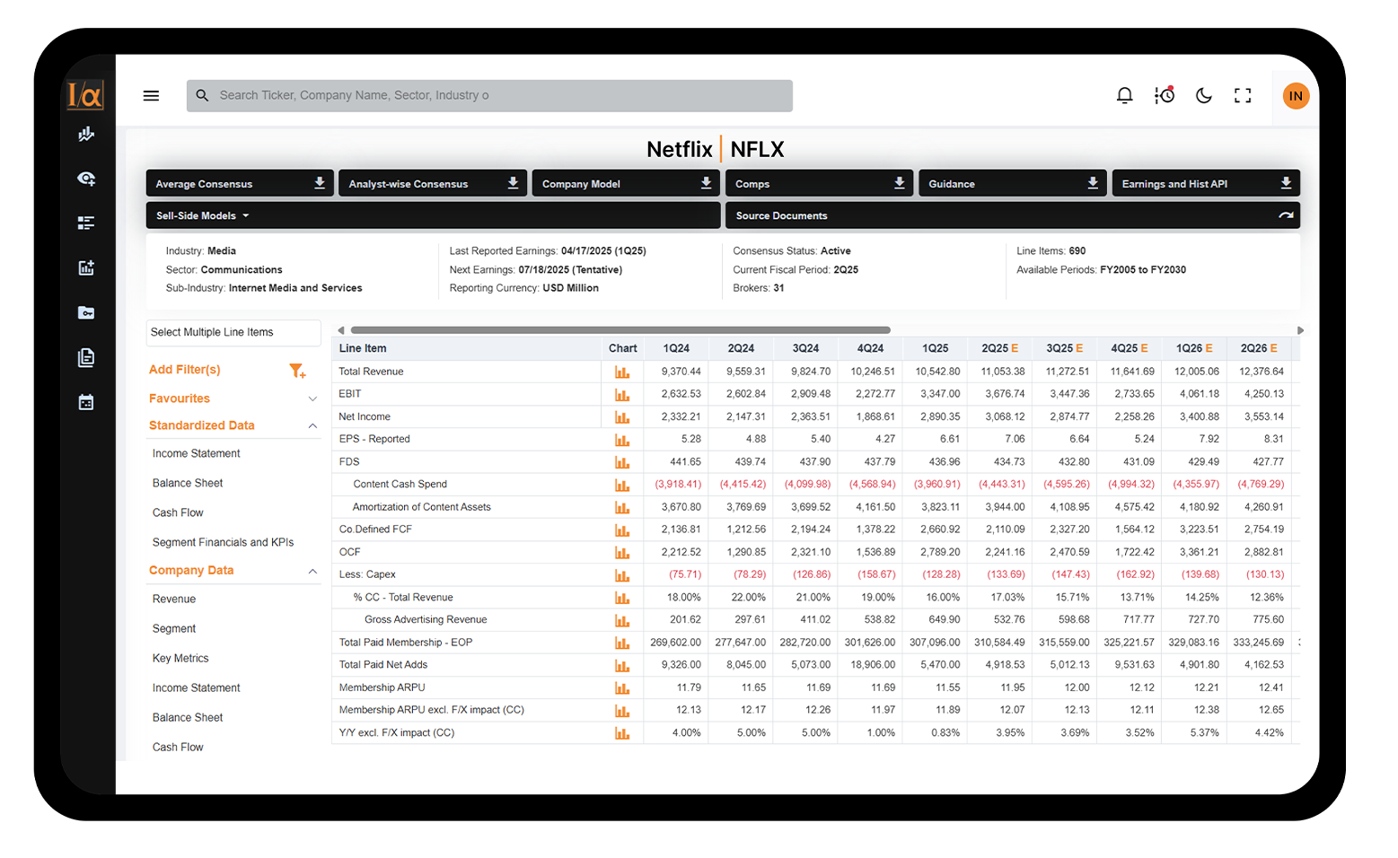 InSync research interface displaying Netflix historical financials, consensus estimates, operating metrics, and links to models and guidance